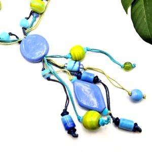 Bright Blue and Green 27" Long Ceramic and Glass Beaded Y-Drop Cord Necklace